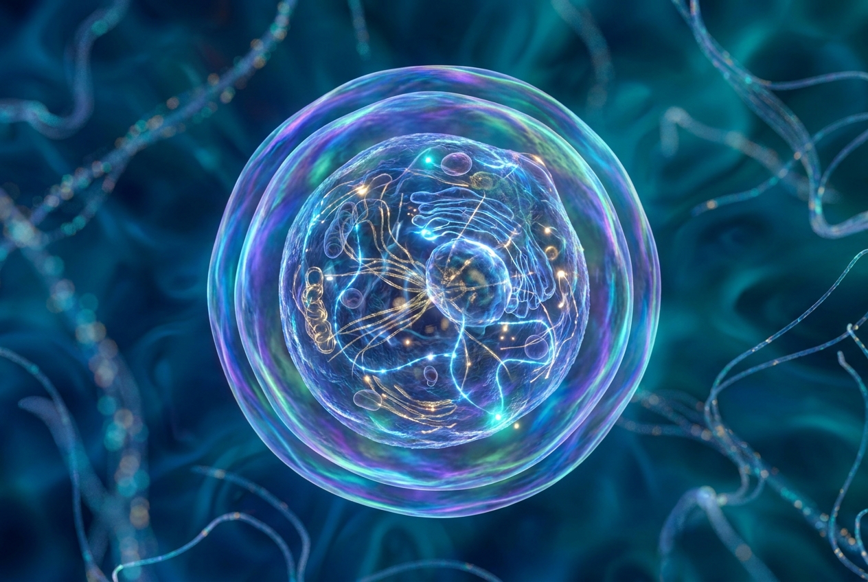 Abstract microscopic visualization of a single-celled parasite enclosed in a resilient protective lipid shell.