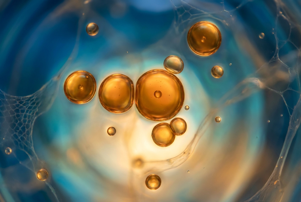 Macro photography of glowing amber lipid droplets suspended in a clear fluid against a blue background.