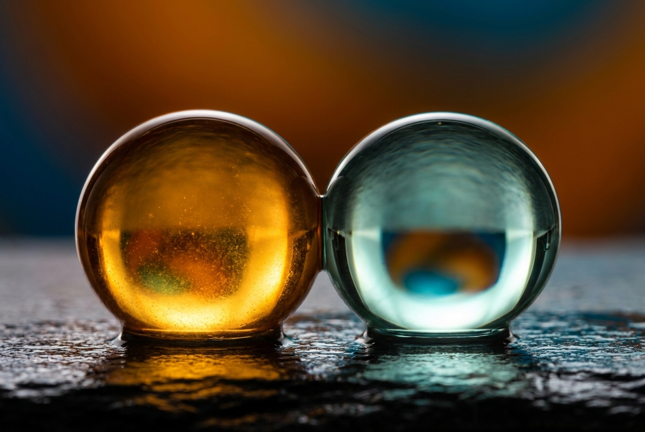 Two glowing oil droplets resting on a wet slate surface, refracting amber and teal light.