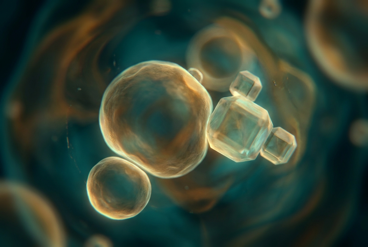 Abstract glowing spheres representing lipid envelopes interacting with geometric compounds in a teal and amber fluid environment.