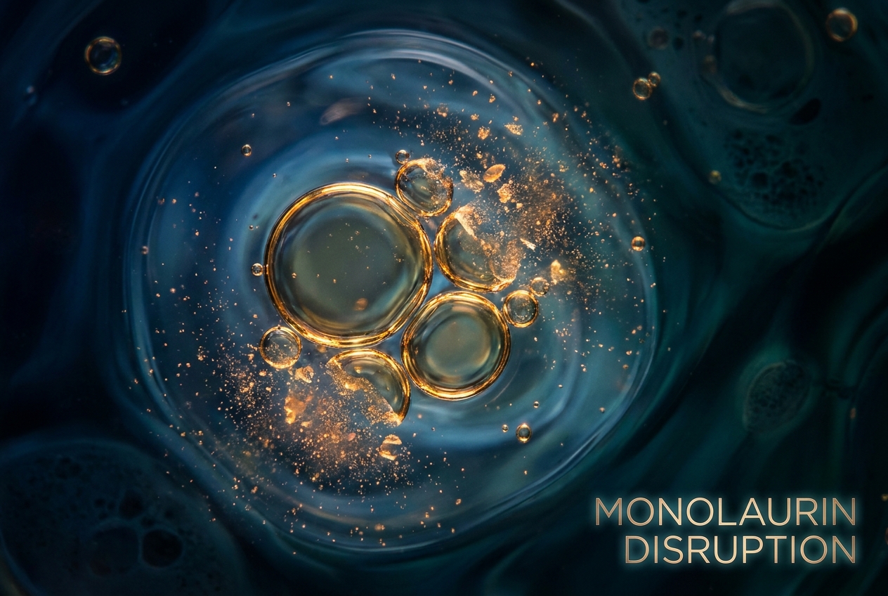 Abstract macro photography of golden oil droplets dissolving in water against a dark blue background.