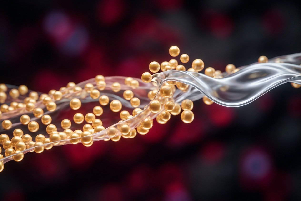 Abstract golden pearl-like lipid structures being separated by a silver luminescent wave.