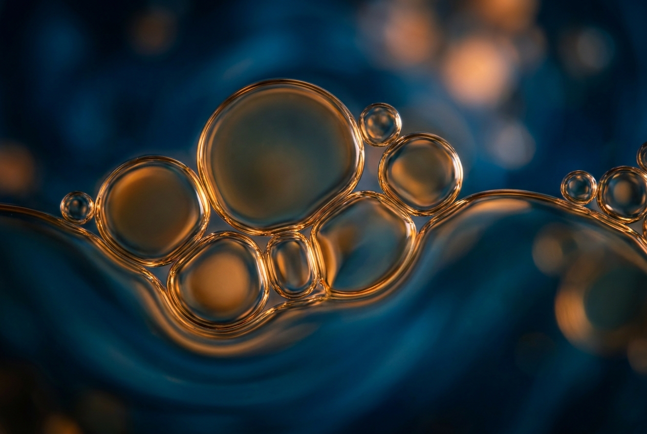 Abstract macro photography showing golden oil and lipid droplets suspended in a deep blue fluid.