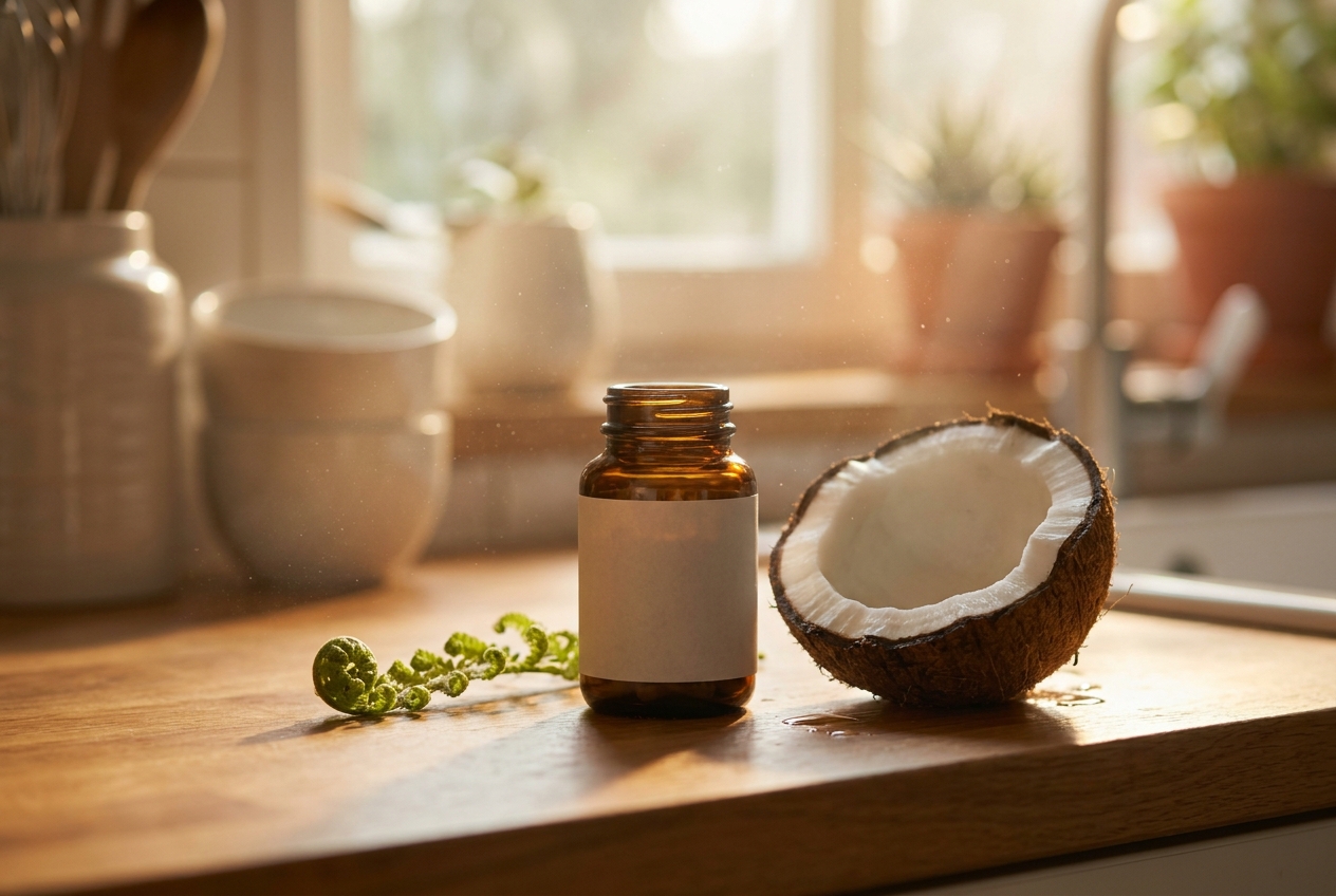 An amber supplement bottle sitting next to a freshly cracked coconut on a sunlit wooden kitchen counter.
