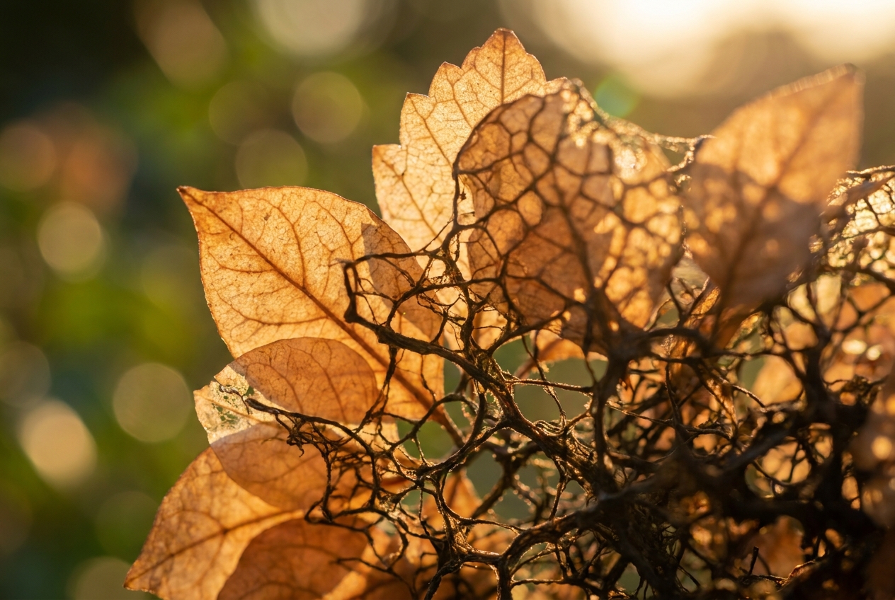 Translucent amber botanical leaves dissolving a shadowy organic web structure.