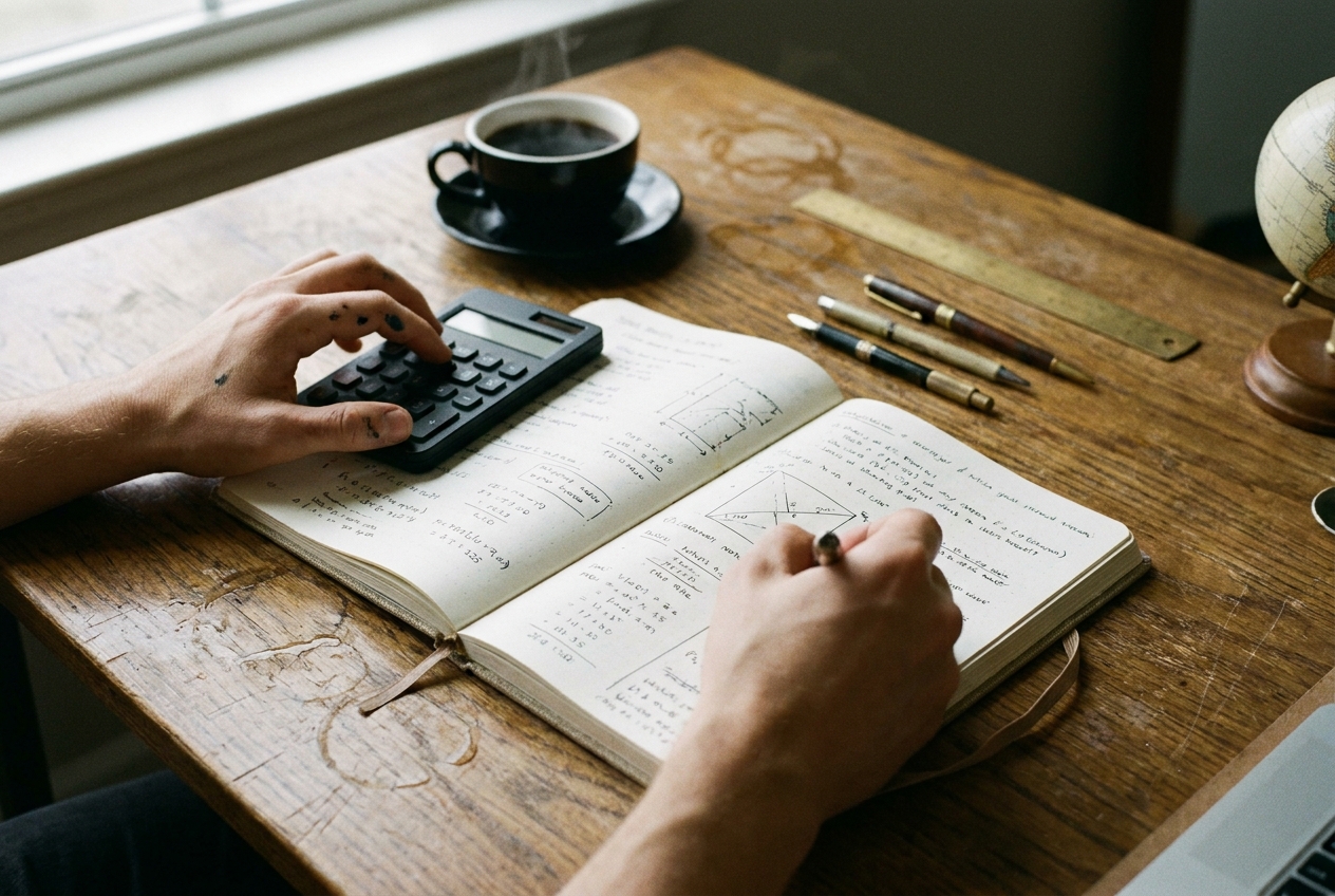 Hands using a matte black calculator next to a handwritten journal on an oak desk.