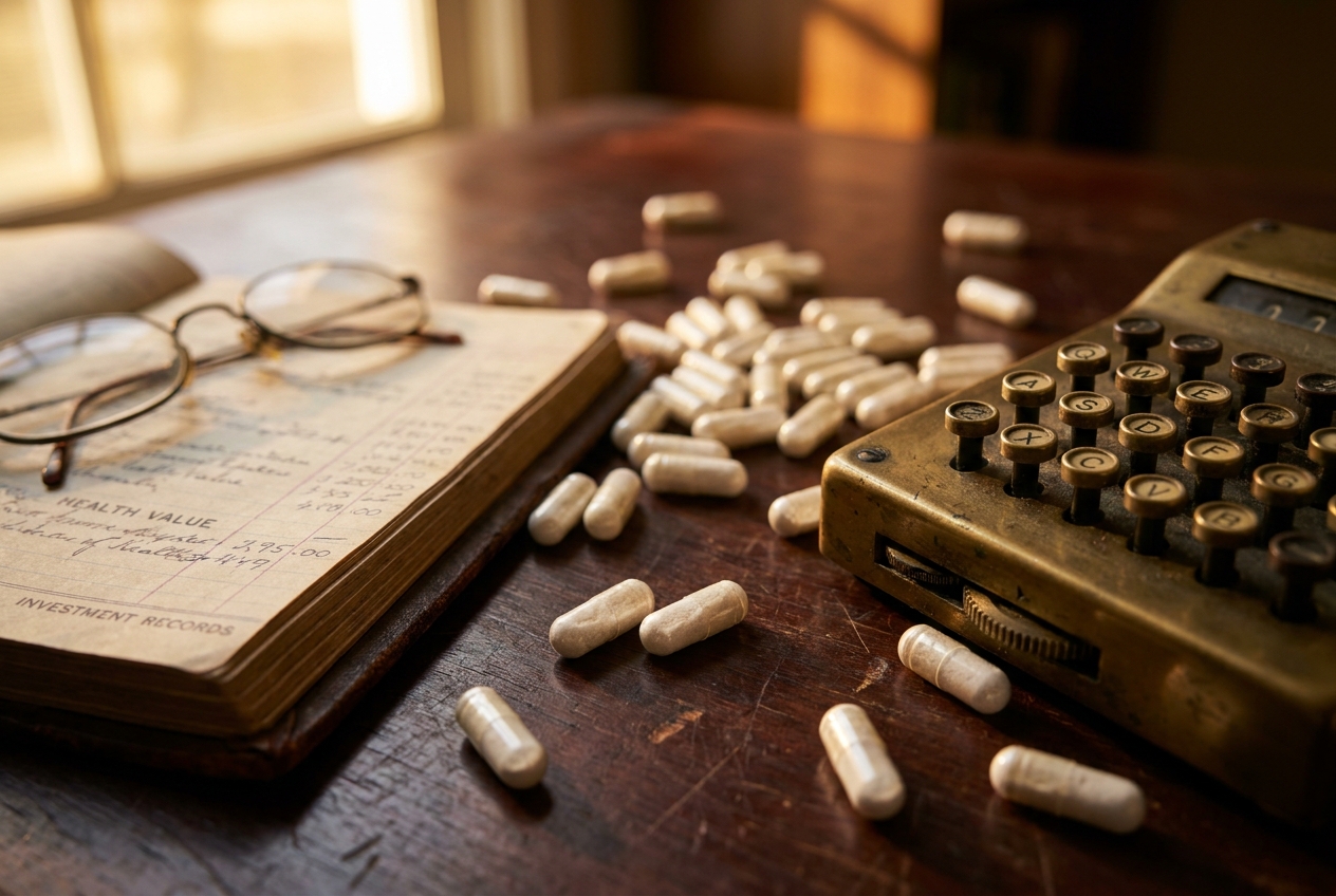 A brass calculator and translucent supplement capsules resting on a wooden desk.