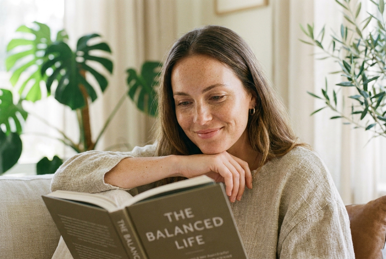 A person relaxing indoors in comfortable linen clothing, resting their chin on their folded hands.