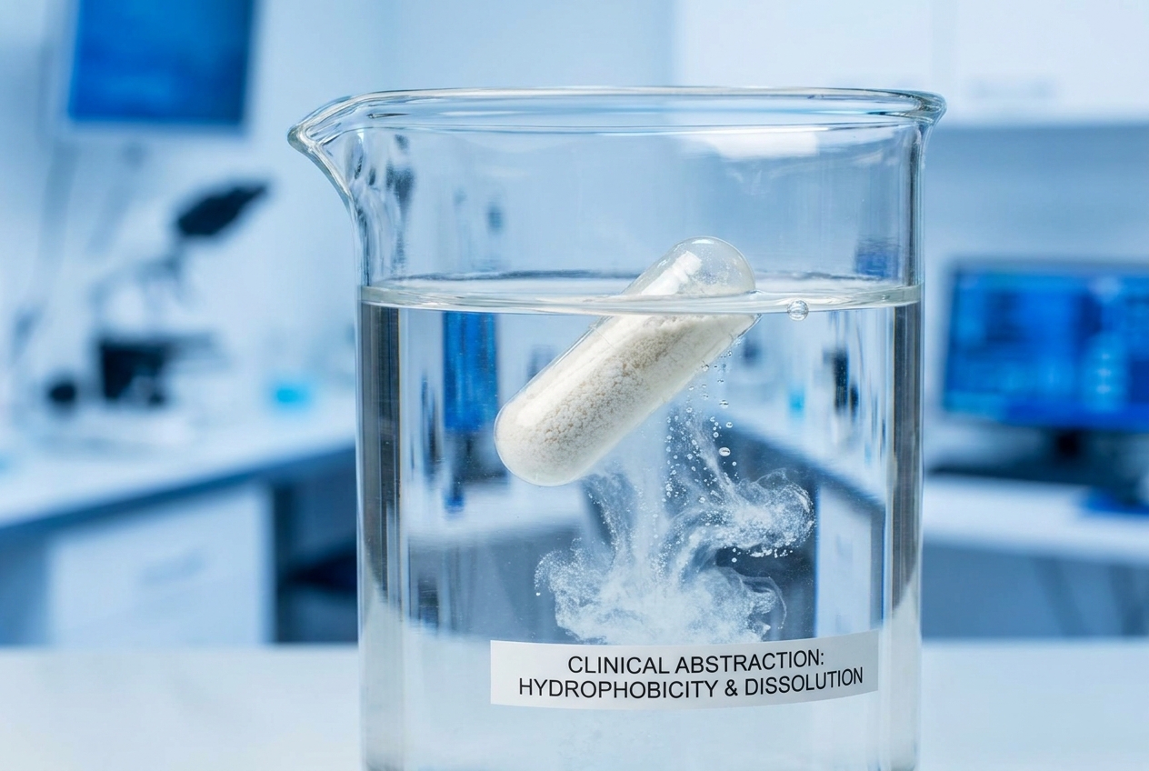 Macro photography of a clear plant-based capsule dissolving in purified water inside a glass beaker.