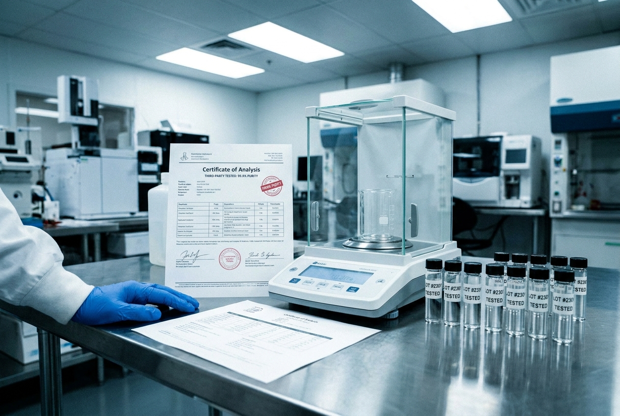 Laboratory workstation with a Certificate of Analysis document and glass vials.