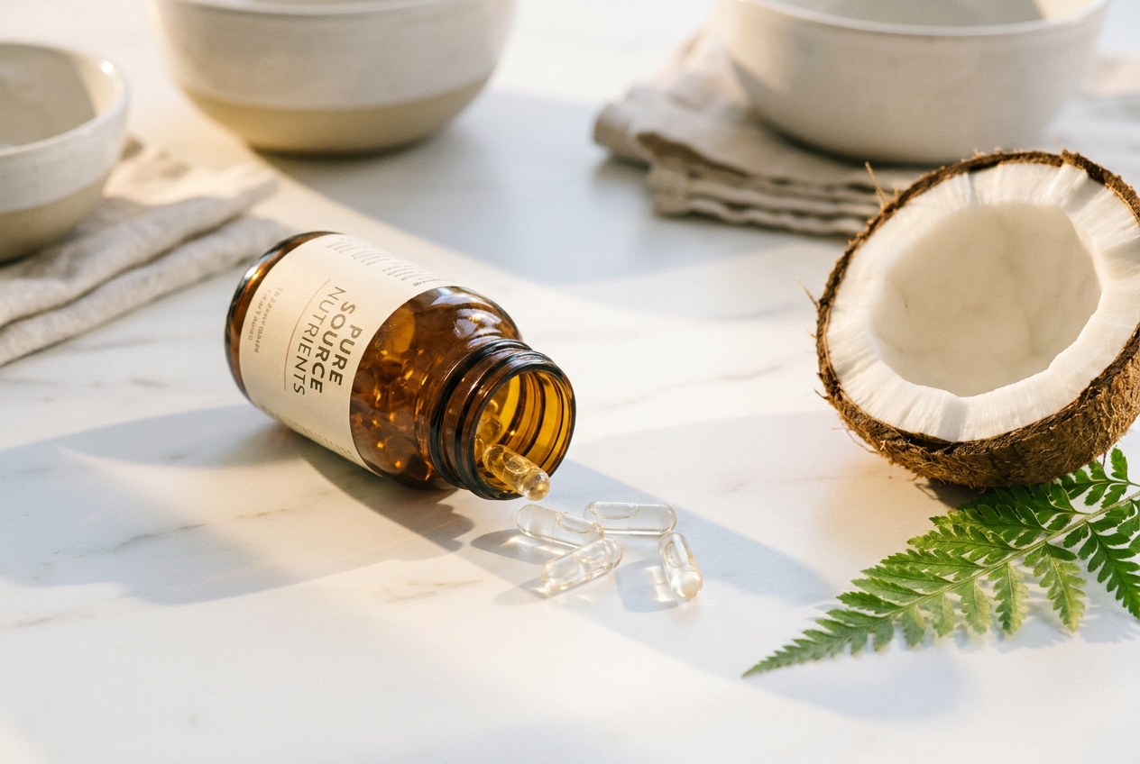 Transparent supplement capsules spilled from an amber bottle next to a fresh coconut on white marble.