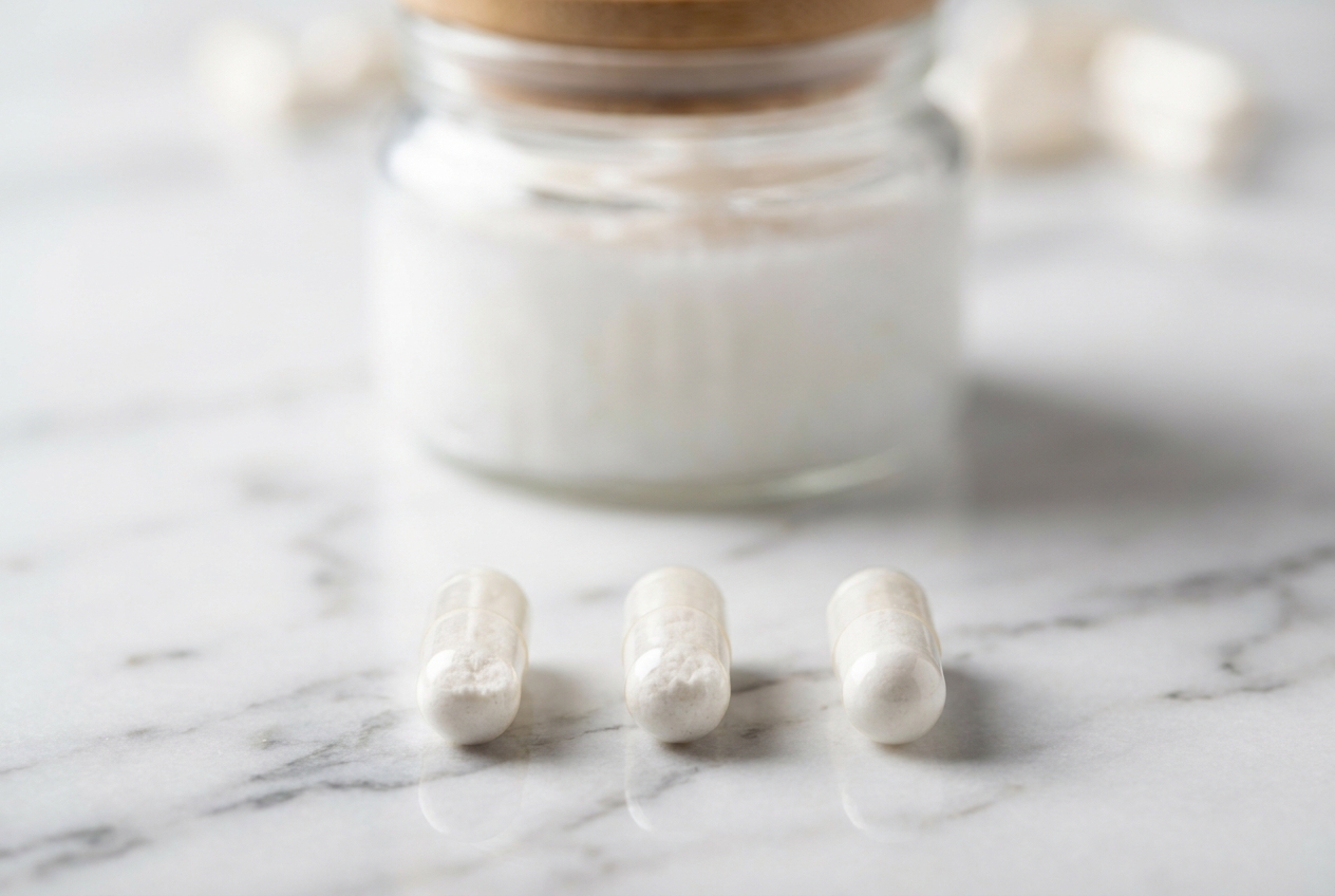 Three clear supplement capsules filled with white powder arranged on a marble surface.