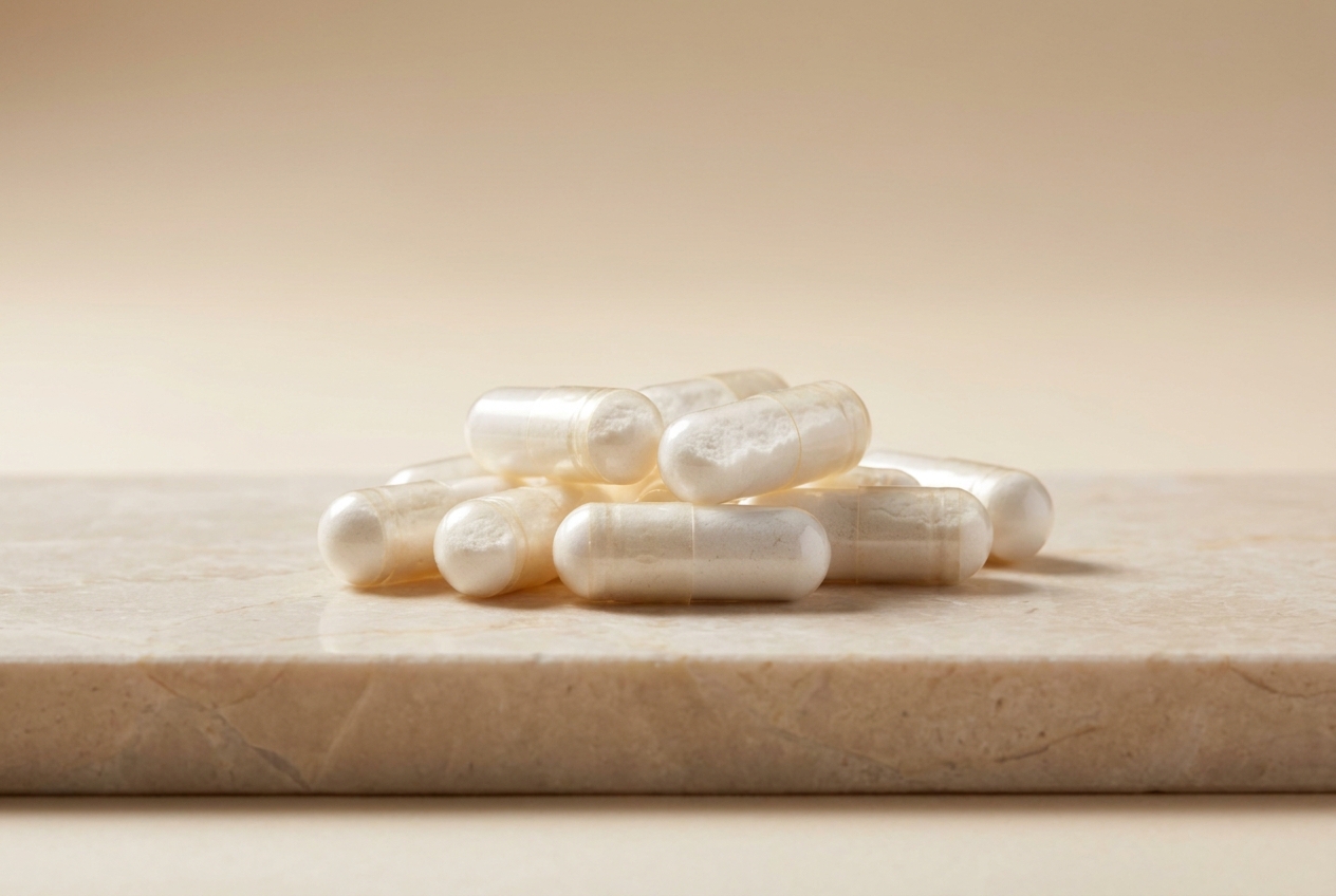 Close up of clear plant-based capsules filled with white powder on a stone surface.