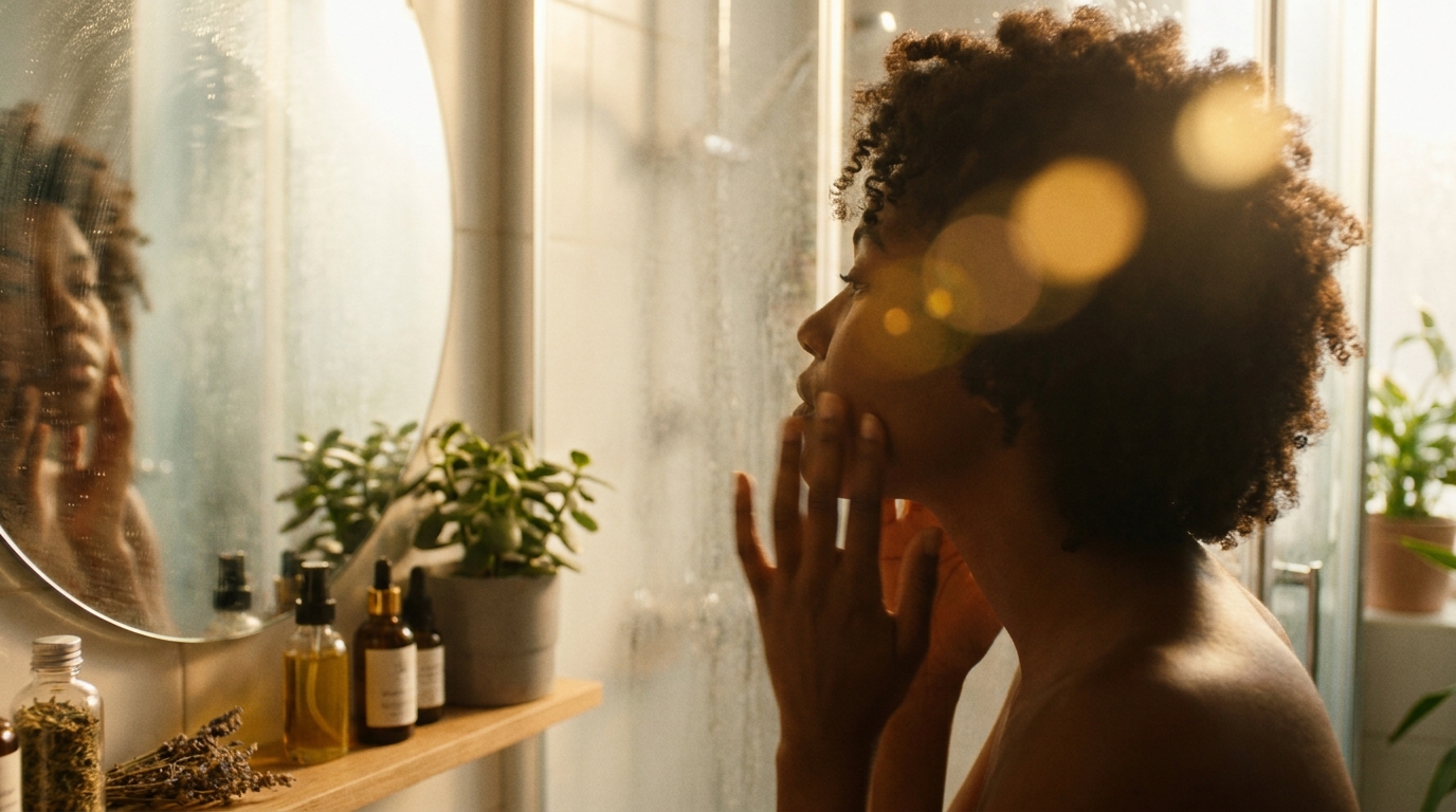 Close-up silhouette of an African American woman gently touching her cheek near a brightly lit frosted window.