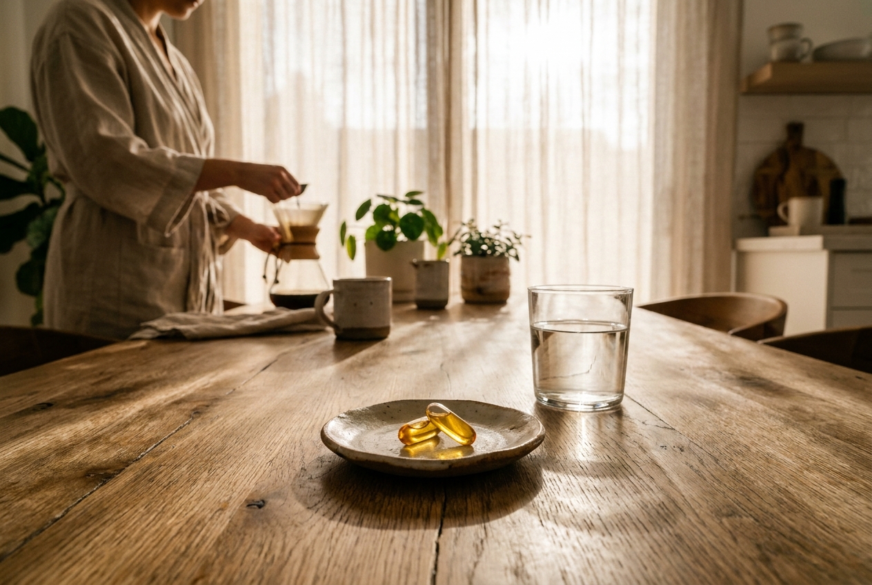 Two clear supplement capsules resting on a ceramic dish next to a glass of water on a wooden table.