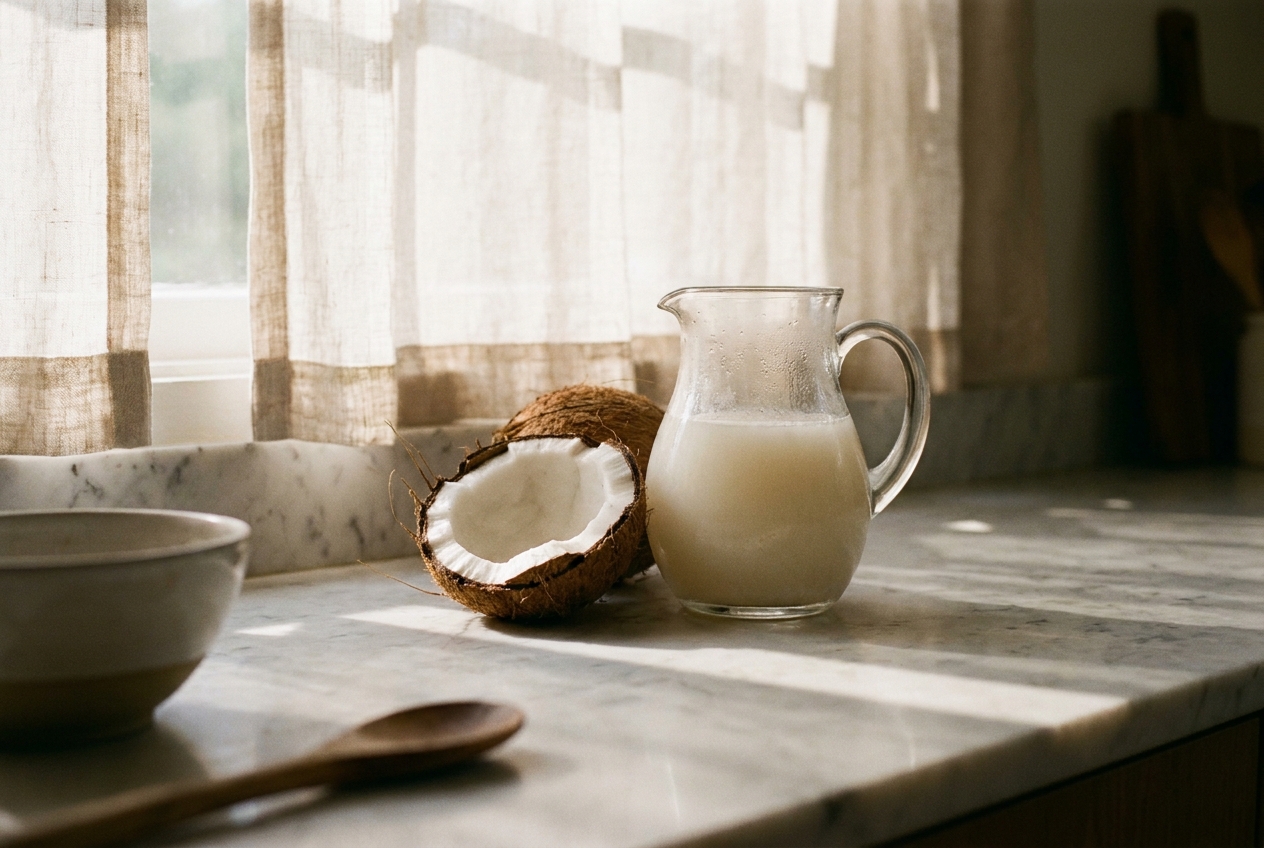 Cracked coconut beside a glass pitcher of milky liquid on a white marble counter.