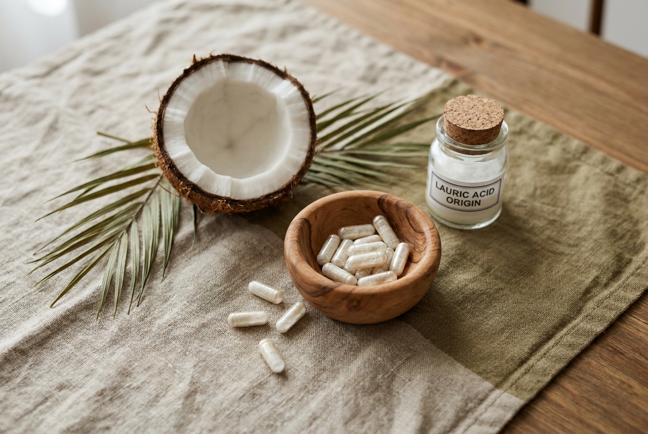 A half coconut and clear supplement capsules resting in a small wooden bowl on a linen tablecloth.