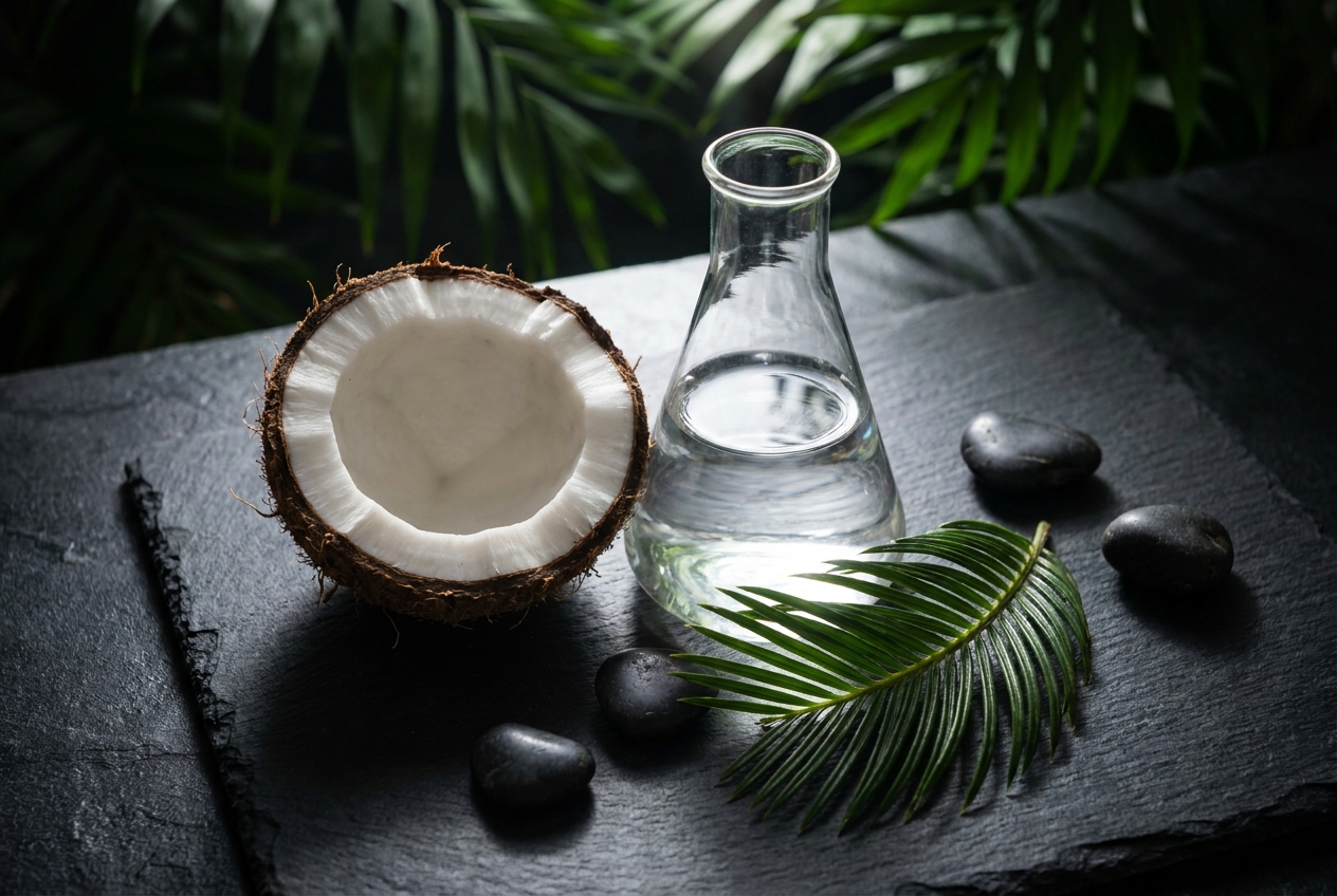 A fresh coconut cross-section next to a clear glass beaker of water on a slate surface.