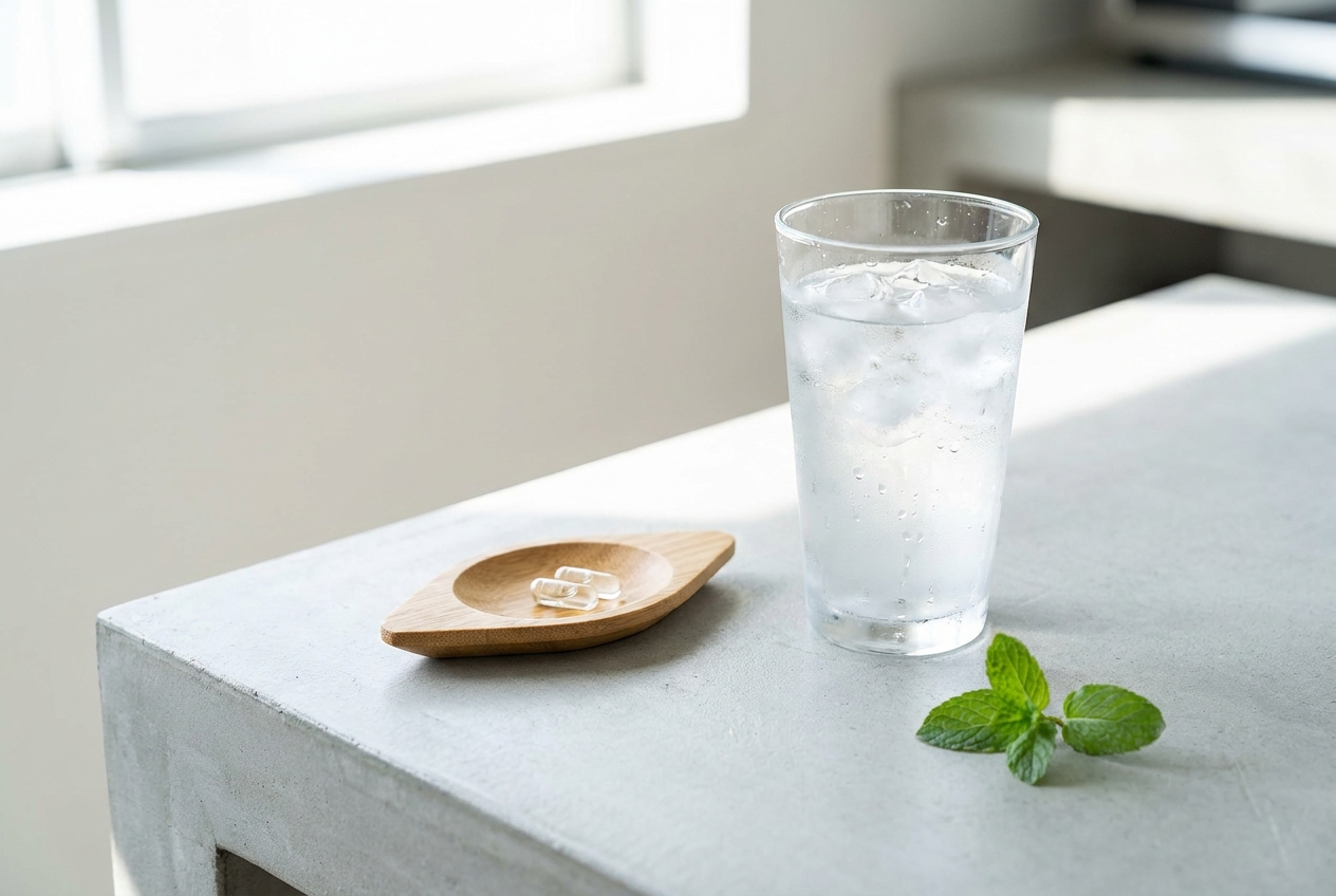 A tall glass of ice water next to a bamboo dish holding clear wellness capsules.