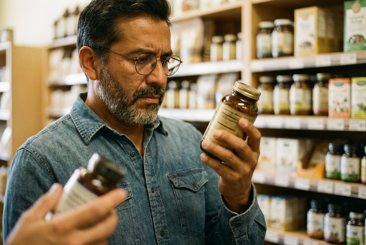 Latino man carefully reading a supplement bottle in a soft-lit environment.