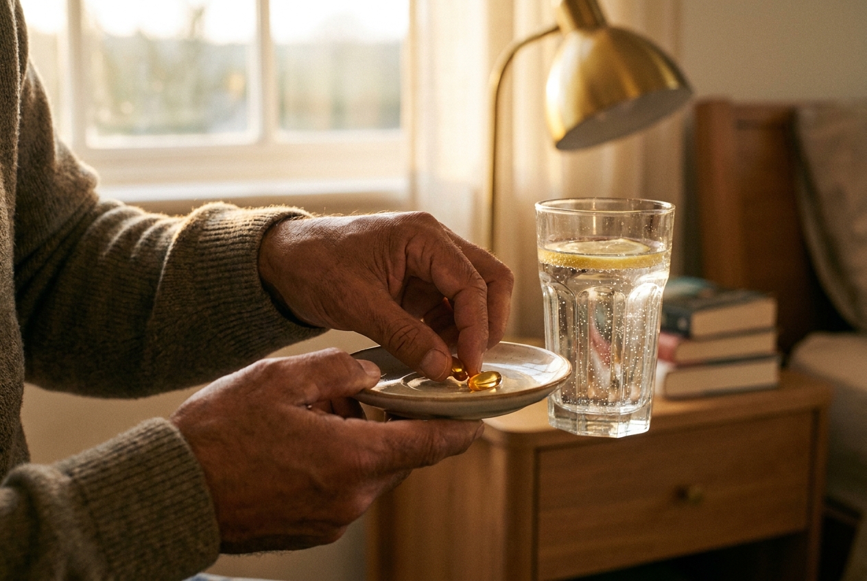 Close-up of hands carefully counting out two translucent supplement capsules onto a small white saucer.