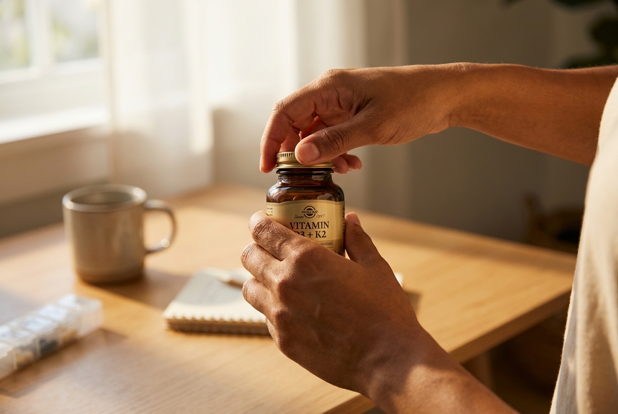 Hands with warm olive skin opening a natural supplement bottle on a wooden desk.