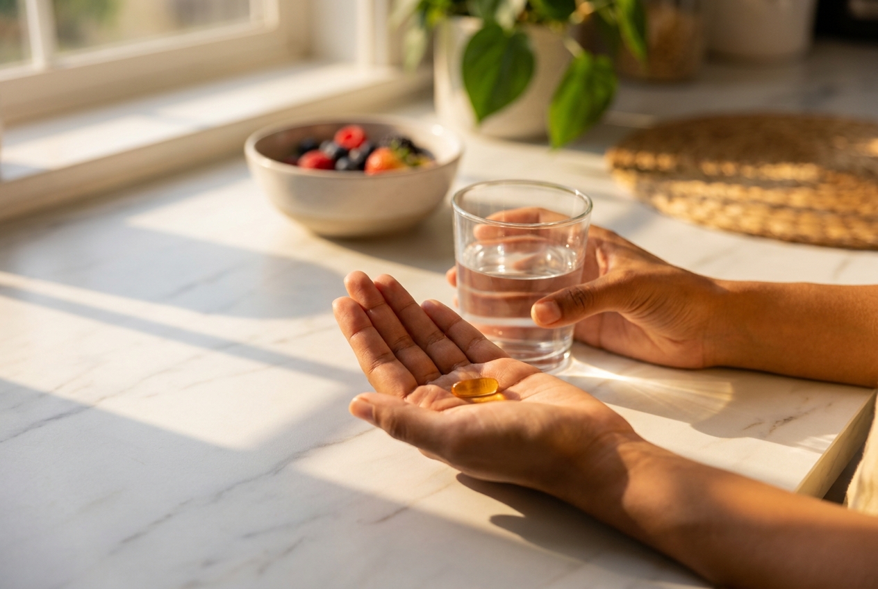 Close up of hands holding a clear plant-based supplement capsule and a glass of water on a marble counter.