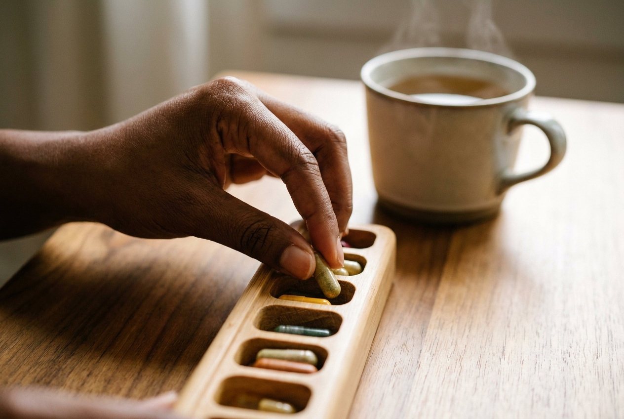 Close up of deeply melanated hands organizing supplements in a wooden pill organizer