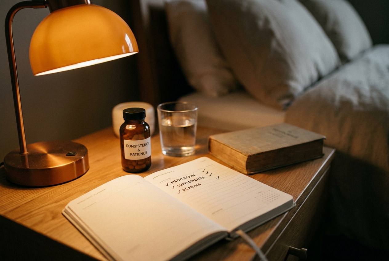 A daily planner with checkmarks sitting beside an amber supplement bottle and a glass of water under warm lamp light.