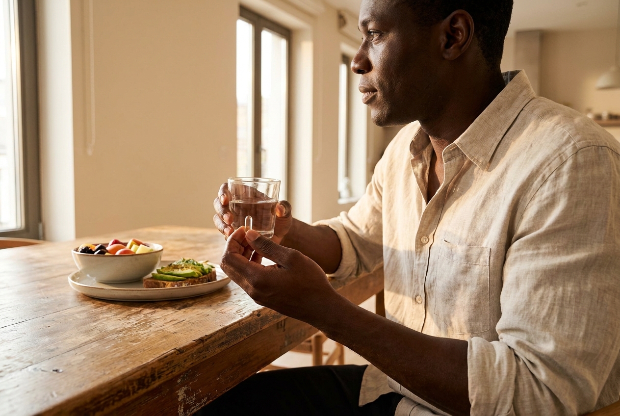 A man sitting at a wooden table holding a glass of water and a supplement capsule.