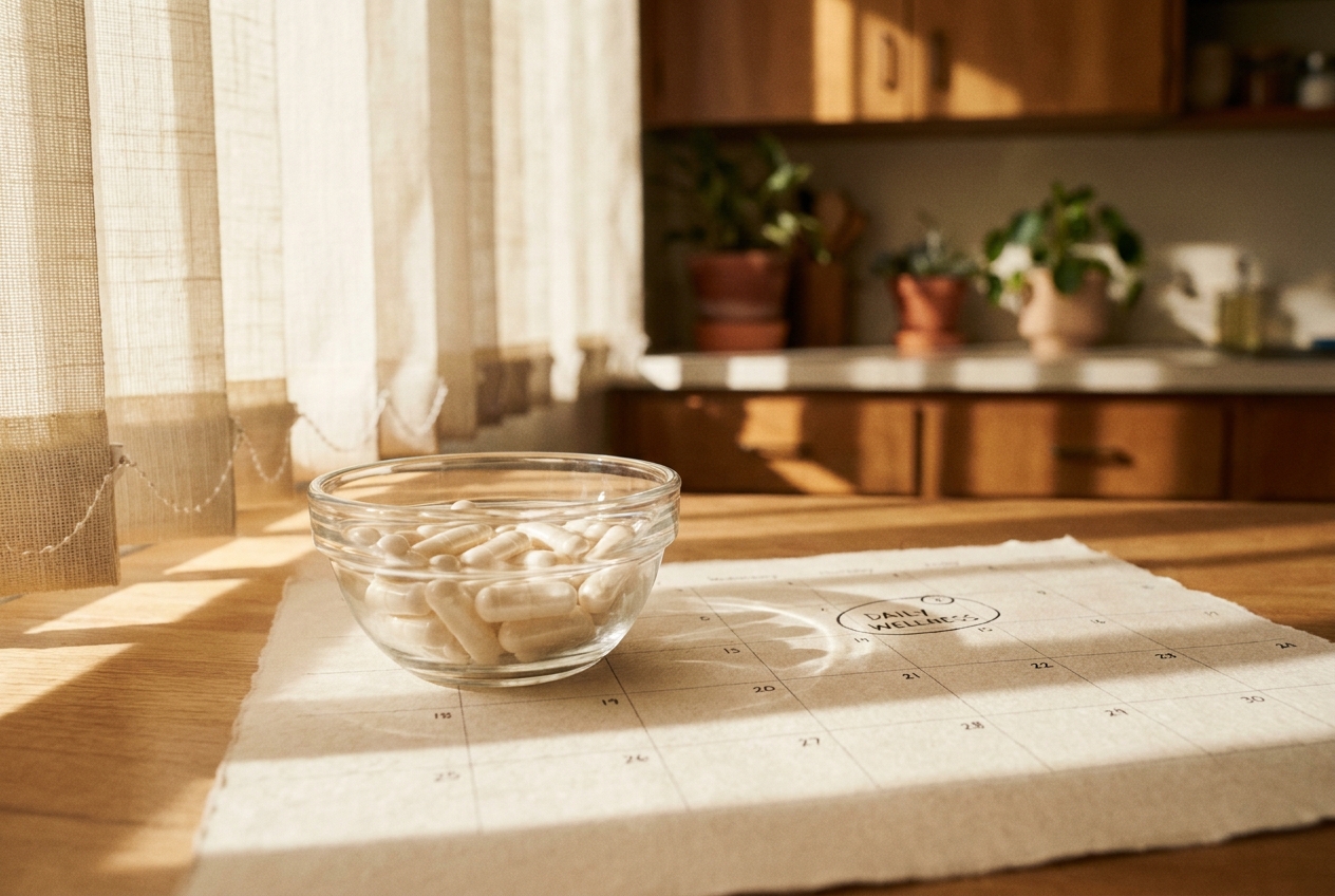 White supplement capsules in a small glass bowl sitting next to a daily paper calendar in morning sunlight.