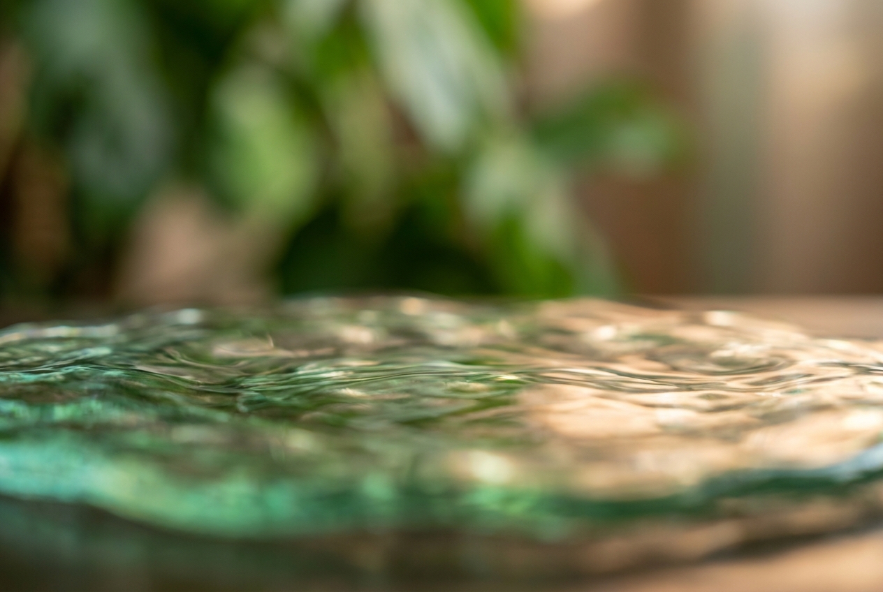Abstract soft glass ripples reflecting warm amber and green light, symbolizing digestive calm.