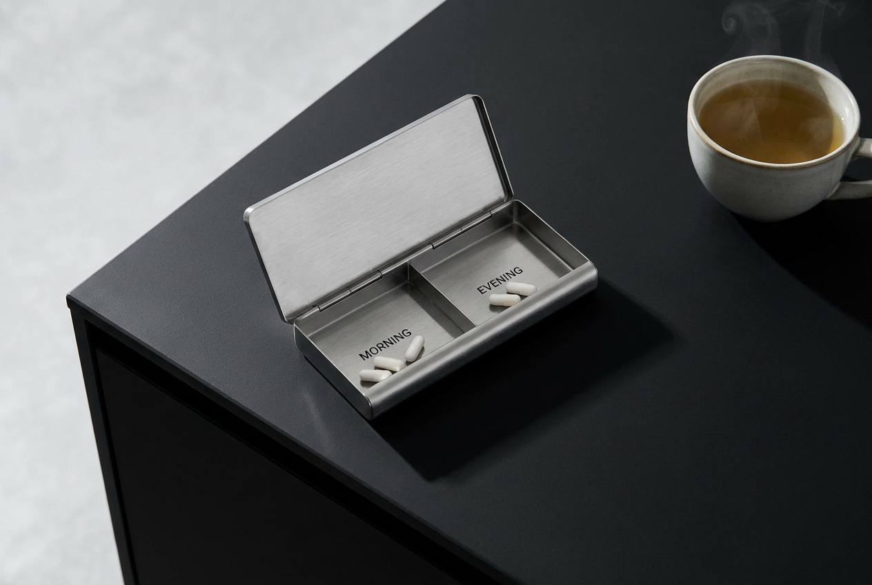 A brushed steel daily pill organizer with white capsules sorted into open morning and evening compartments.