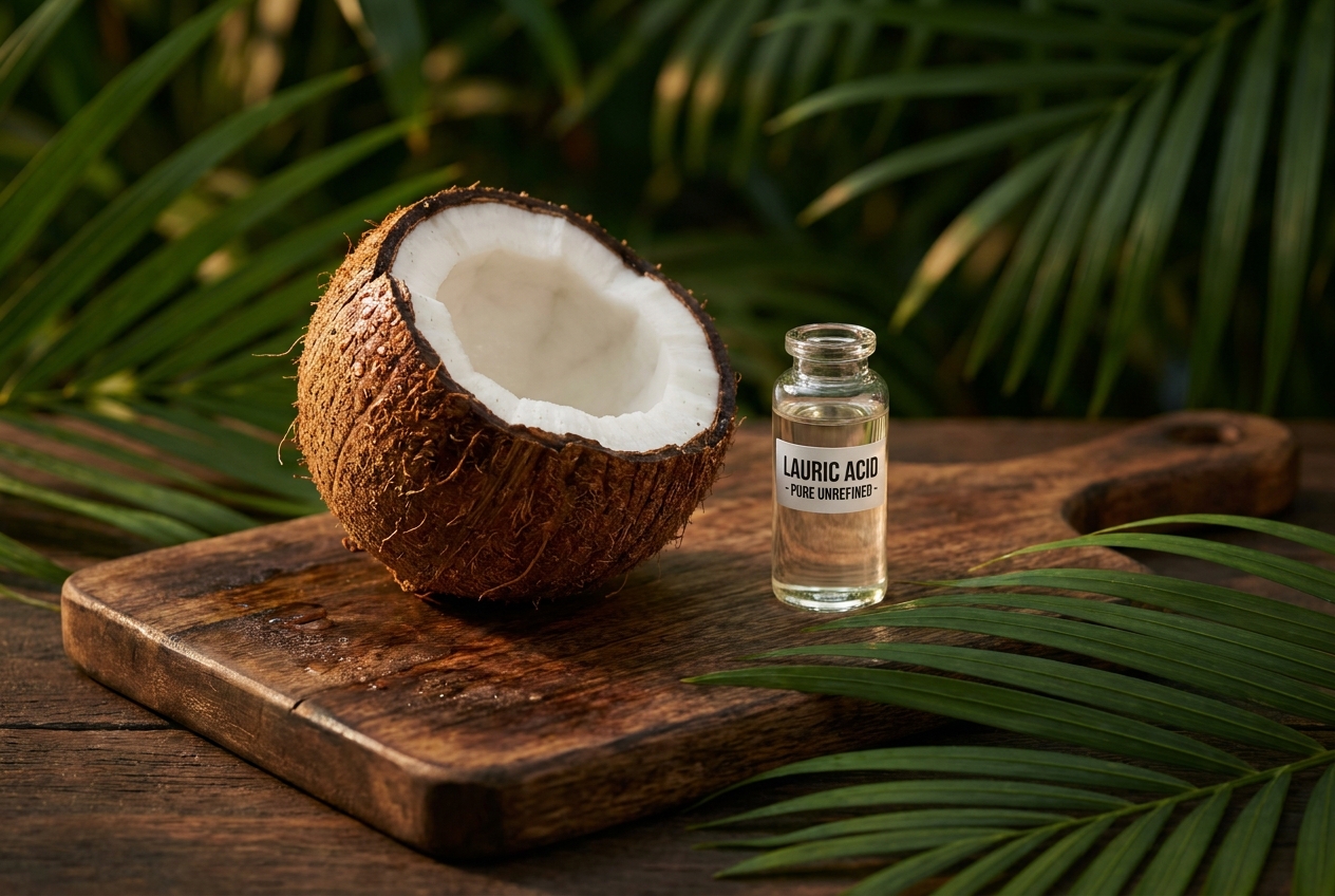 A cracked open fresh coconut sits beside a glass vial of pure oil.