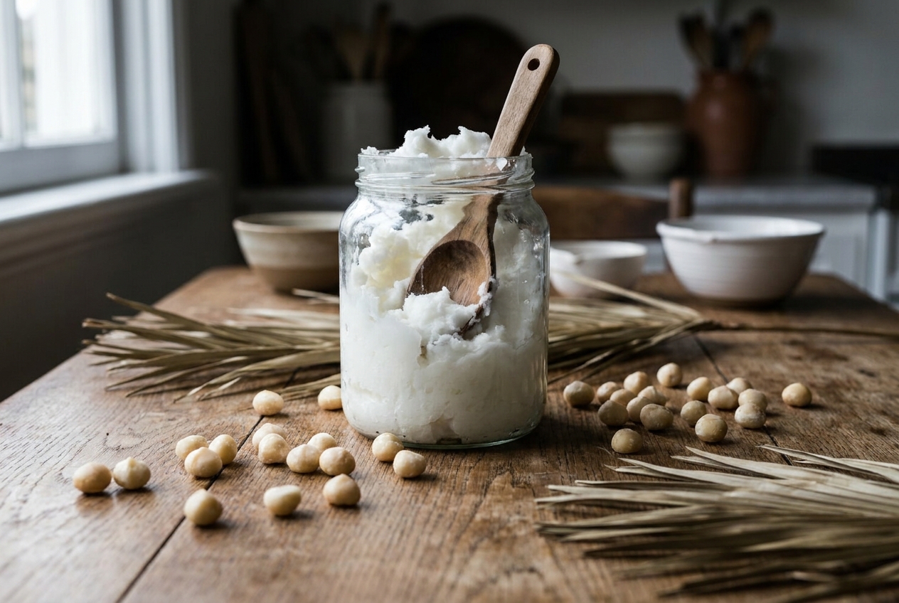 A gigantic glass jar full of dense, solid coconut oil with a wooden spoon stuck in it.