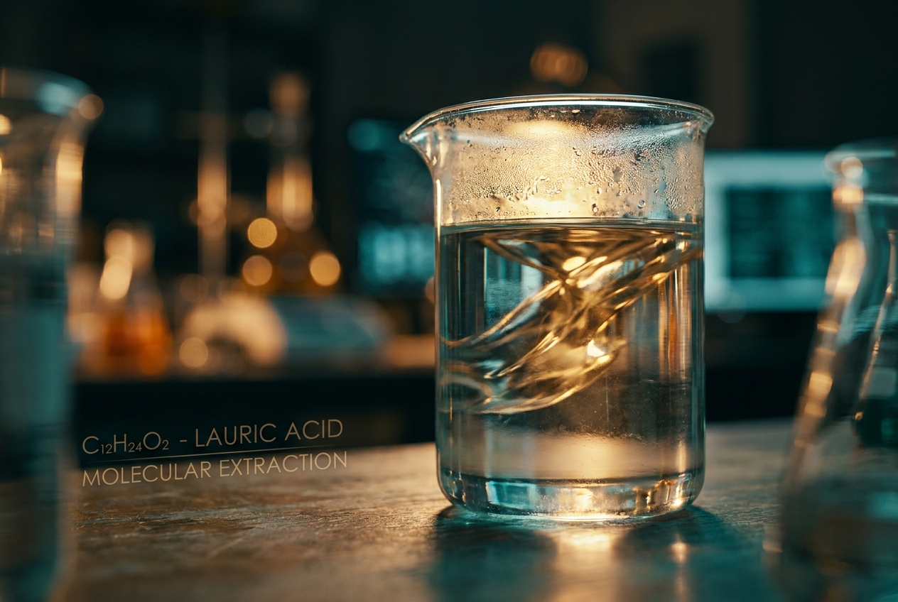 A thick glass beaker refracting golden light in a moody, blurred scientific setting.