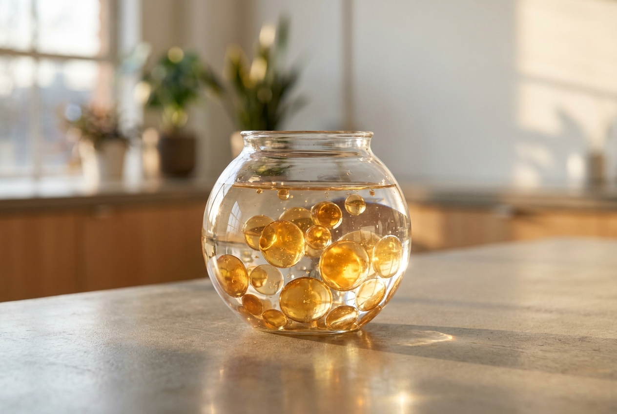Macro shot of pure golden lipid oil droplets suspended in crystalline water catching the light.