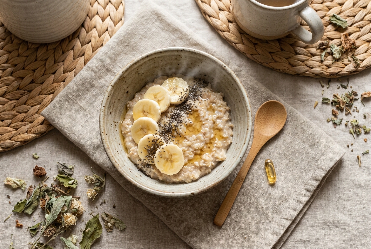 A rustic bowl of oatmeal with bananas next to a single supplement capsule.