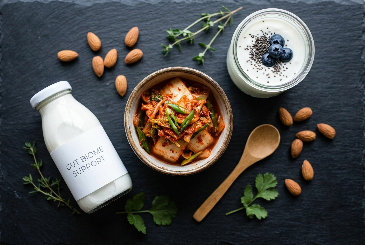 Overhead view of healthy foods like yogurt and kimchi arranged on a slate surface next to a supplement bottle.