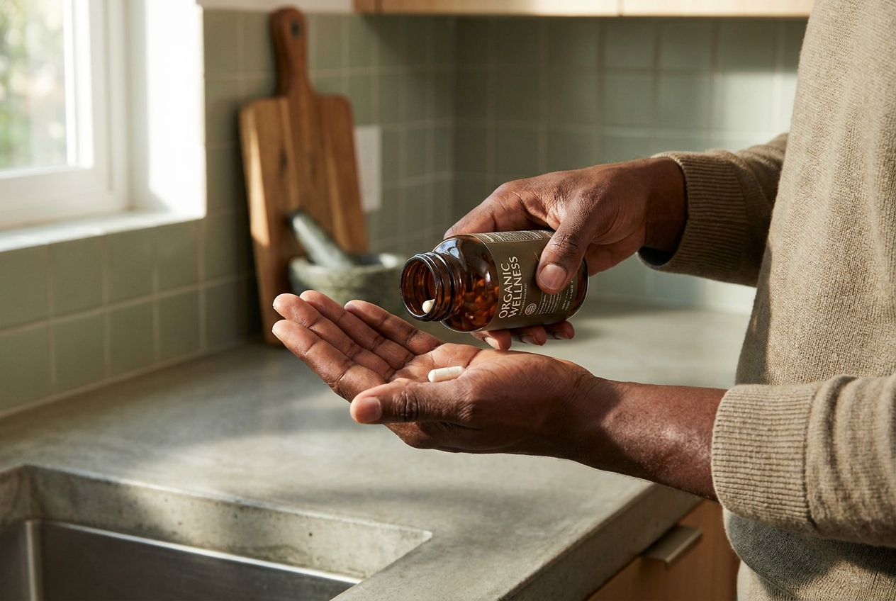 Close-up of a person's hands holding an amber glass bottle and a white capsule.
