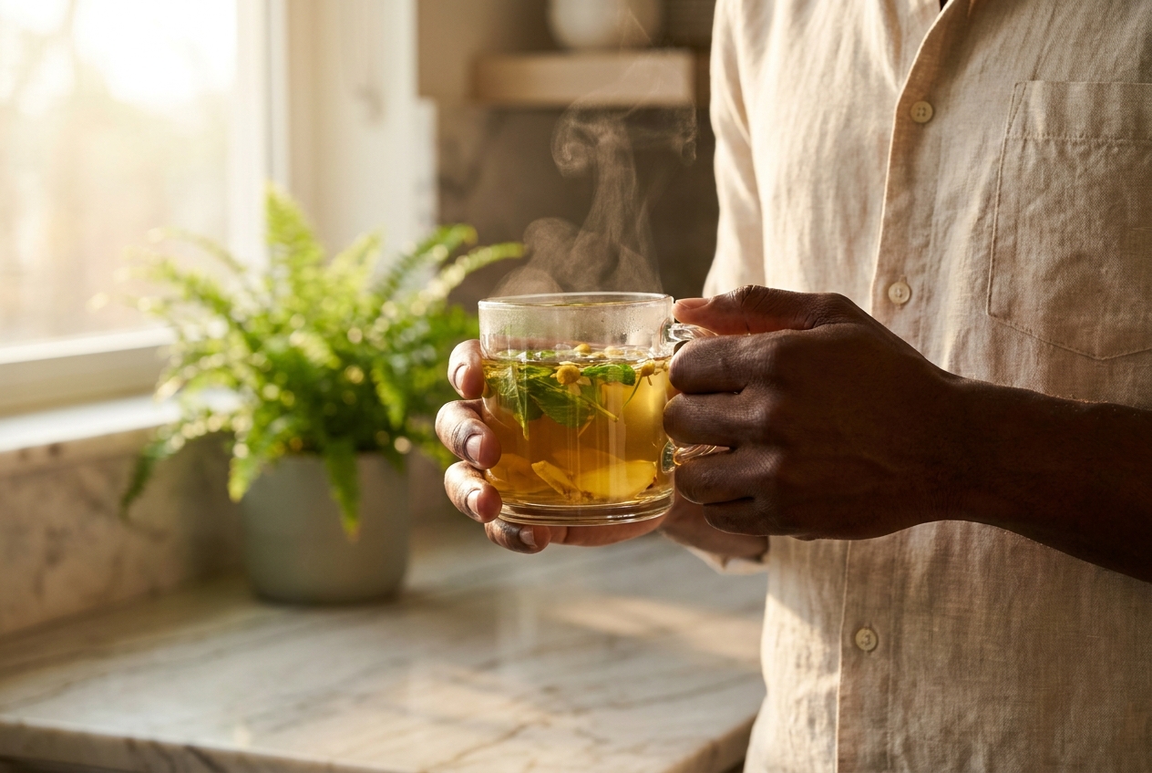 Close-up of hands holding a steaming glass mug of golden herbal tea infused with botanicals in a sunlit kitchen.