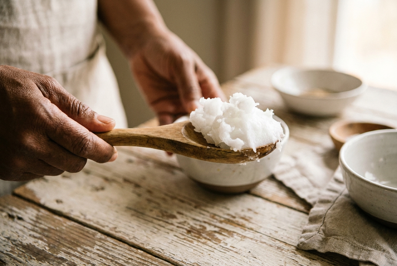 Close-up of hands holding a large wooden spoon overflowing with thick white coconut oil.