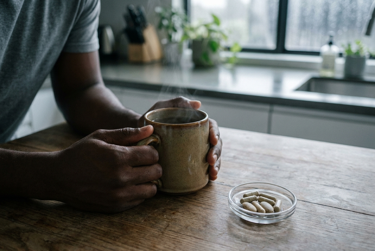 Close-up of hands holding a warm stoneware mug of tea next to daily vitamins.