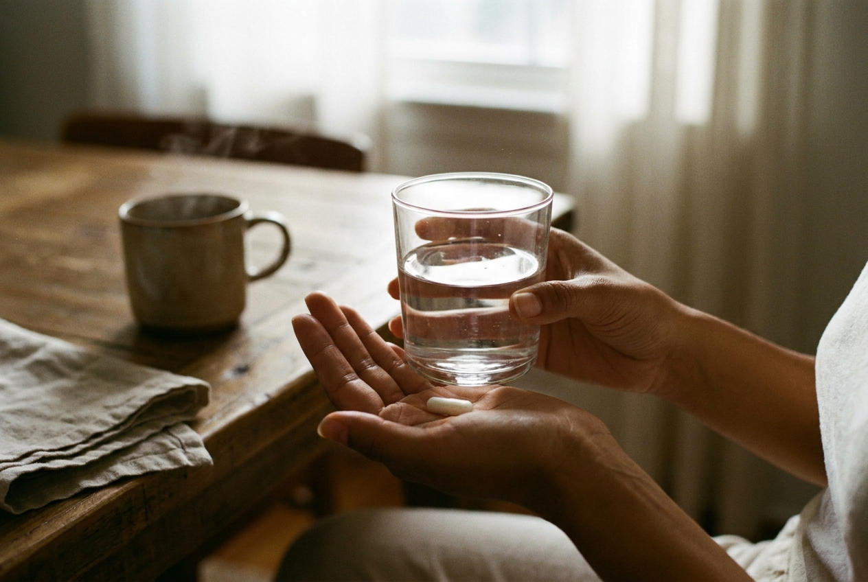 Close-up of a person's hands holding a glass of water and a single white supplement capsule in the morning light.
