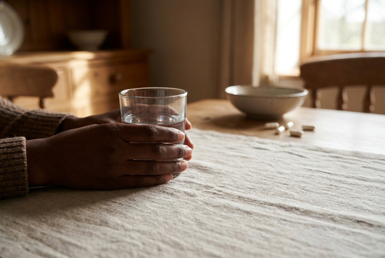 A person's hands gently holding a clear glass of water on a textured linen table.