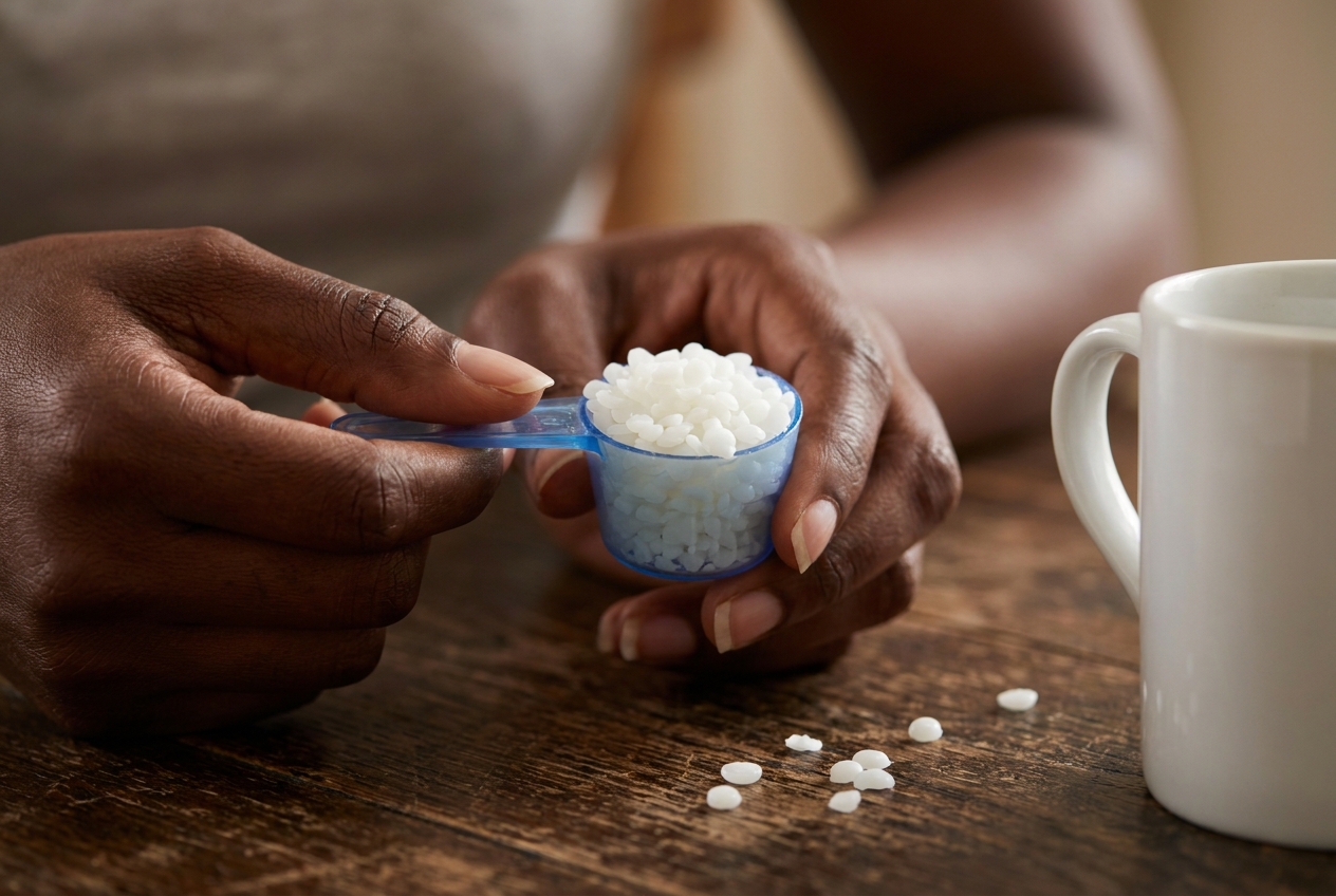 Hands holding a small scoop of white supplement pellets over a wooden table.