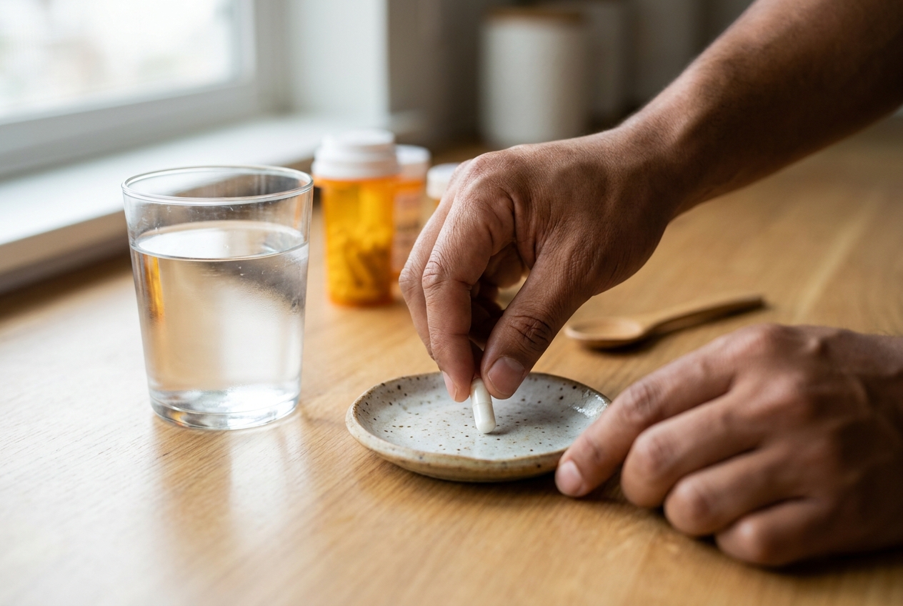 Close-up of warm-toned hands placing a white supplement capsule on a small ceramic dish next to a glass of water.