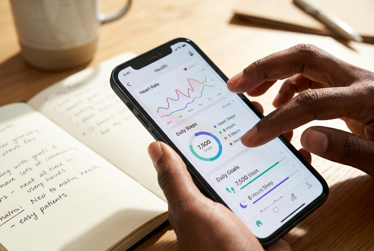 Close-up of fingers holding a smartphone displaying a health tracking app