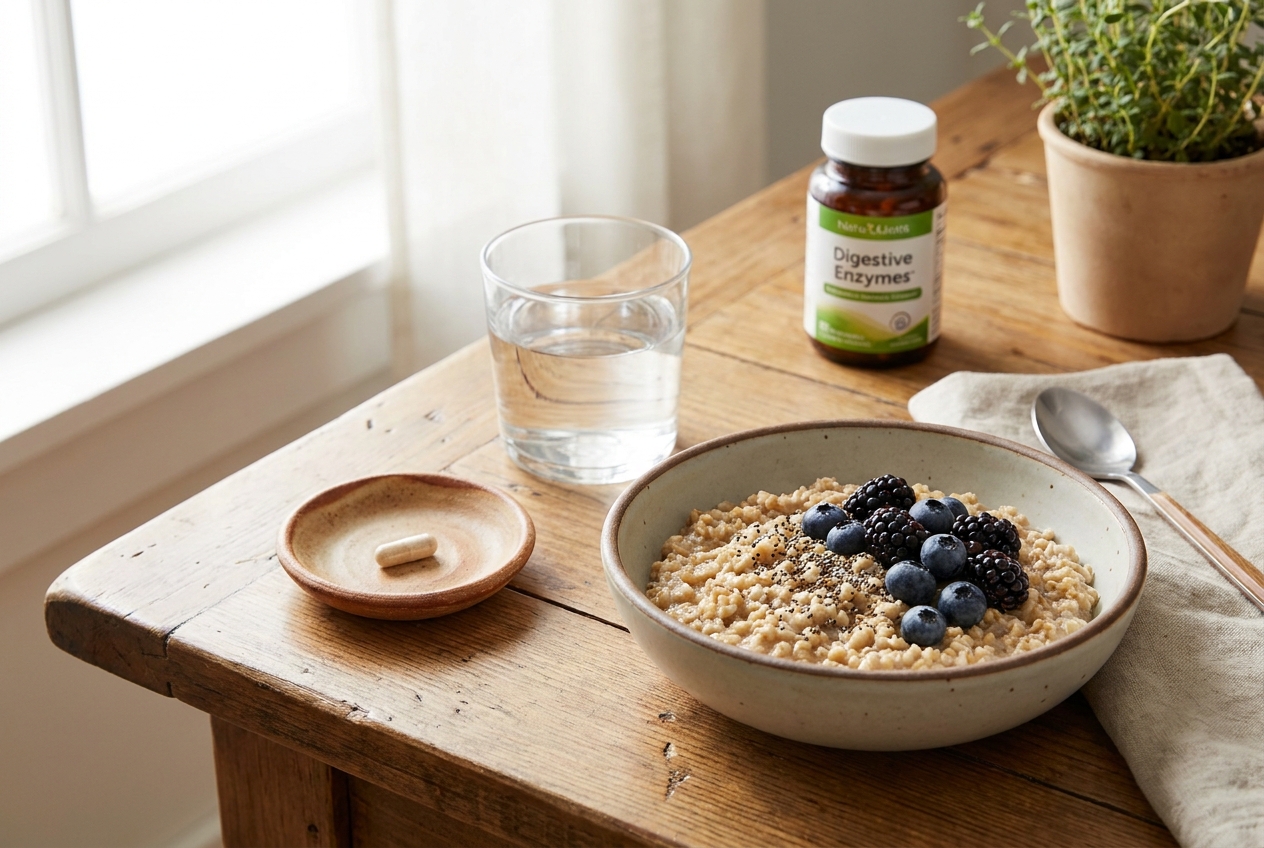 A bowl of oatmeal with berries next to a glass of water and a single supplement capsule in a small dish.