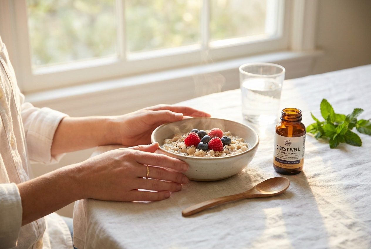Fair-skinned hands resting next to a healthy breakfast bowl of oatmeal and a supplement bottle on a white table.